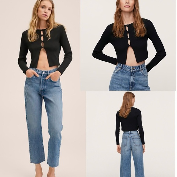 Mango fine knit long sleeved half button top Black Cut-Out size M - Picture 1 of 12